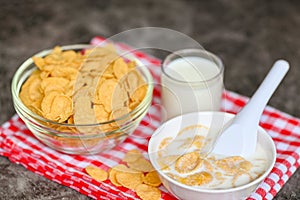 Cornflakes bowl breakfast food and snack for healthy food concept, morning breakfast fresh whole grain cereal, cornflakes with