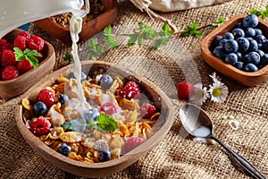 Cornflakes and other cereals with fresh fruits of raspberries, blueberries and milk on healthy breakfast