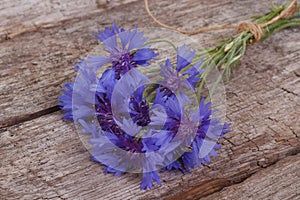 Cornflower blue wild flowers on an old wooden photo