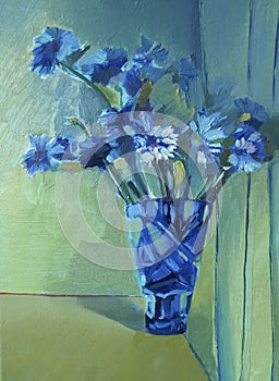 Cornflowers in a blue vase. Still life. Oil painting.
