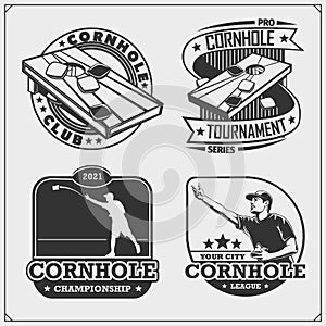 Cornhole badges, labels and design elements. Sport club emblems.