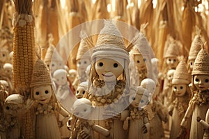 Cornhusk dolls arranged in a creative and