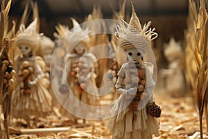 Cornhusk dolls arranged in a creative and