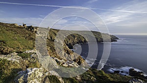 The Cornish coastline, near Lands end. The day is sunny.