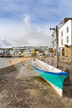 Cornish Pilot Gig on the quayside, St Ives, North Cornwall, UK