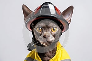Cornish Rex Cat Dressed As A Fireman On White Background