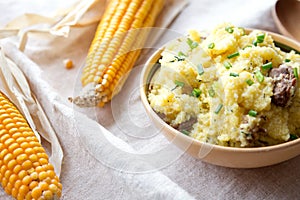 Cornmeal mush with meat and onion