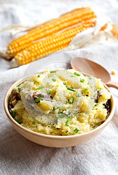 Cornmeal mush with meat and onion
