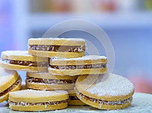 Cornstarch cookies with manjar and powdered sugar served on the white plate photo