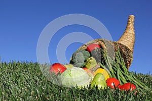 Cornucopia filled with fruit and vegetables against blue sky