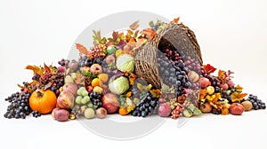 A cornucopia overflowing with autumn harvest fruits and vegetables