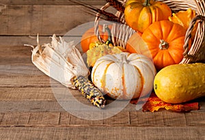 Cornucopia of Pumpkins, Gourds, and Dried Corn photo