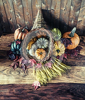 Cornucopia with Squash, Gourd, Pumpkin and Wheat