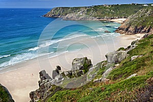 cornwall Porthcurno Beach from logan rock photo