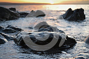 Cornwall sunrise wet rock in the sea close up