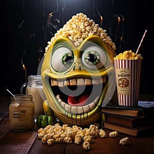 Corny Capers: Crazy Corn with a Playful Face Surrounded by Popping Popcorns