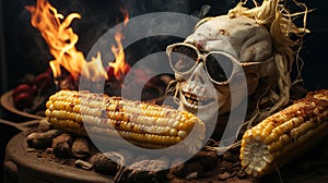 Corny Skeleton: A Spooky Corn Cob Decoration with a Skeleton Head and Glasses