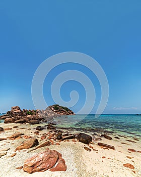 Corol reef rock landscape with a pure blue sky and a green clear water photo