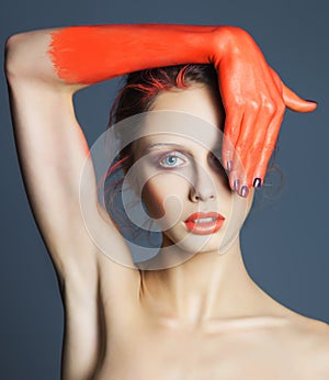 Corolful pportrait of beautiful woman with art creative make up.