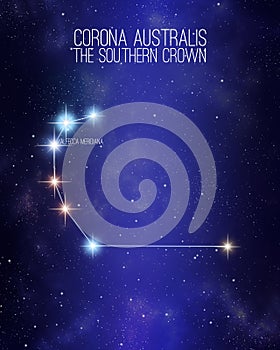 Corona australis the southern crown constellation on a starry space background with the names of its main stars. Relative sizes