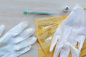Corona Covid-19 Vaccination with Vaccination Card, Vaccination Bottle, Syringe and Gloves