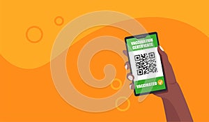 Corona pass. Mobile cell phone. Approval vaccine certificate. Digital QR code in smartphone for Europe. Immunity