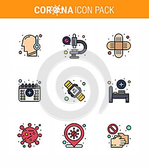 Corona virus 2019 and 2020 epidemic 9 Filled Line Flat Color icon pack such as twenty, hands hygiene, aid, time, calendar