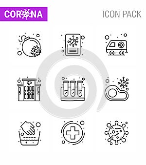 Corona virus 2019 and 2020 epidemic 9 Line icon pack such as  food, test tubes, hospital, test, hospital