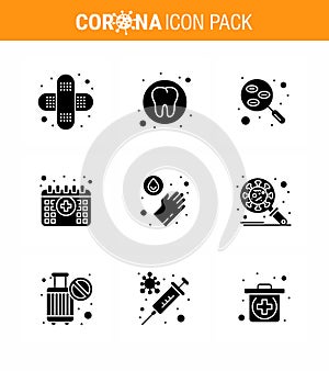 Corona virus 2019 and 2020 epidemic 9 Solid Glyph Black icon pack such as medical, time, lab, medical, appointment