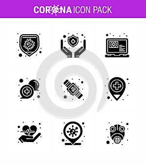 Corona virus 2019 and 2020 epidemic 9 Solid Glyph Black icon pack such as seconds, support, online, online, communication