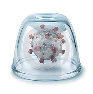 Corona virus captured inside glass bowl, virus prevention concept photo