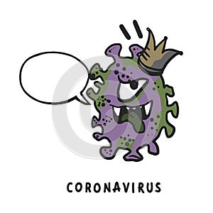 Corona virus character. corona virus macotte in cartoon style with speach bubblle