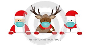 Corona virus christmas 2020 design with cute deer santa claus and snowman cartoon