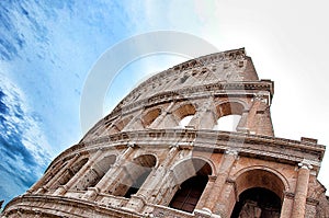 Corona virus. Colosseum in city center of Rome. coronavirus caution sign over coliseum in rome. Coliseum or Flavian Amphitheatre.