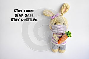 Corona virus concept, stay home, stay safe, stay positive, stay healthy, quarantine, cute crochet bears, epidemic, red hearts, chi