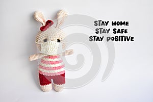 Corona virus concept, stay home, stay safe, stay positive, stay healthy, quarantine, cute crochet bears, epidemic, red hearts, chi