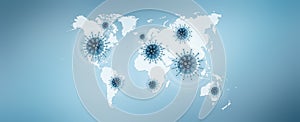 Corona virus covid 19 protection concept, covid symbols icons on the world map in the blue background, copy space and web banner