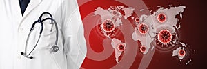 Corona virus covid 19 protection concept, stethoscope doctor isolated with covid symbol icons on the world map in the red