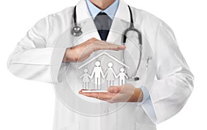 Corona virus covid 19 protection stay at home concept, doctor hands with family symbol icon isolated on the white background, copy