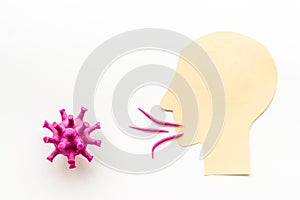 Corona virus Covid-19 spread from infected person concept with cough on white background top-down