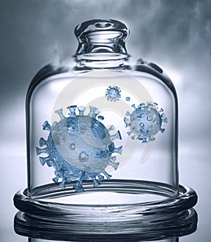 Corona virus COVID-19 under a glass bell cover. Dangerous pandemic concept. Emergency Regime. World lockdown