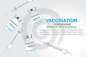 Corona virus, covid-19 vaccine bottle. Blue and white capsule anti covid-19 pill and hypodermic syringe inkjet. COVID-19 or 2019-n