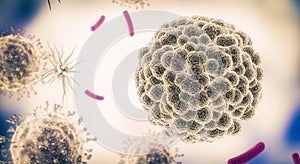 Corona virus. Covid-19 virus cells or bacteria molecule. Flu, view of a virus under a microscope, infectious disease. Germs,