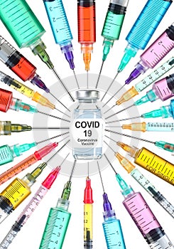 Corona virus cure concept. Covid 19, Coronavirus vaccine drug vial surrounded by colorful syringes with needles pointed towards photo