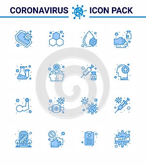 Corona virus disease 16 Blue icon pack suck as sanitizer, soap, science, hand, platelets