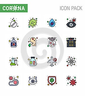 Corona virus disease 16 Flat Color Filled Line icon pack suck as corona, lotion, blood, virus infected, search