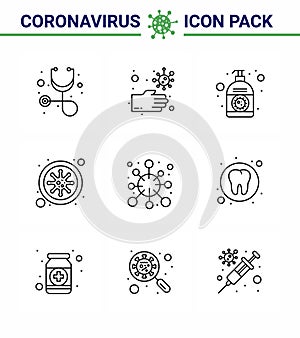 Corona virus disease 9 Line icon pack suck as  disease, blood, cream, covid, bacteria