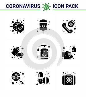 Corona virus disease 9 Solid Glyph Black icon pack suck as hand, washing, call, medical, soap
