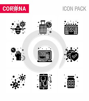 Corona virus disease 9 Solid Glyph Black icon pack suck as infect, disease, stop, dirty, time