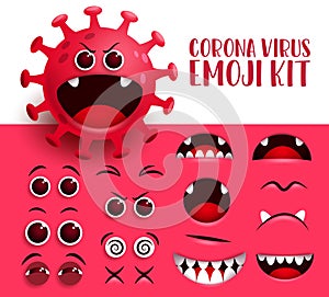 Corona virus emoji kit vector set. Covid19 red ncov virus smiley icon and emoticon creation, kit eyes and mouth.